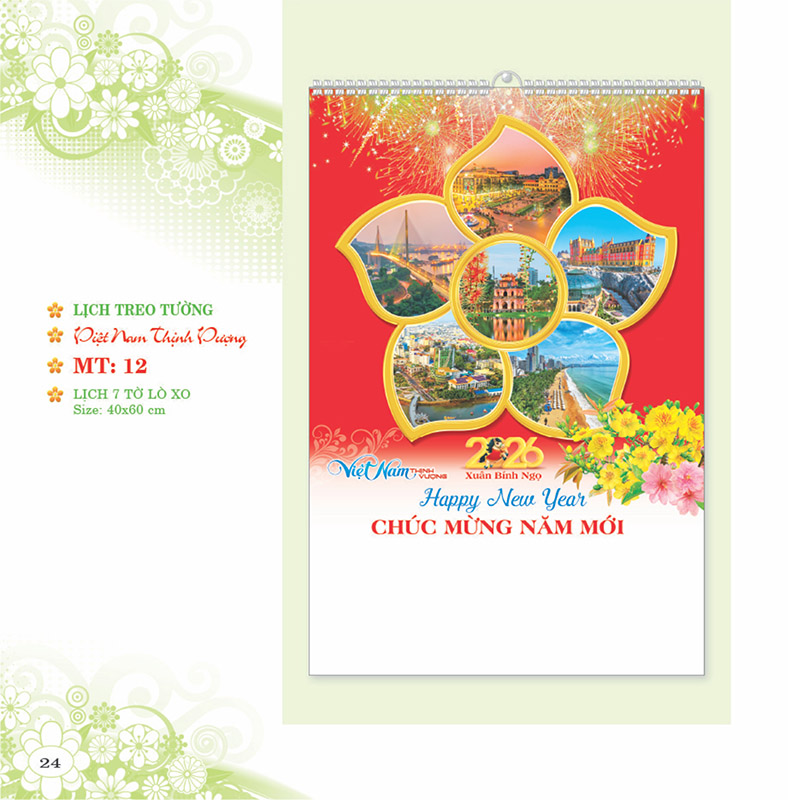  Lịch Lò Xo 7 Tờ 40x60cm – Việt Nam Thịnh Vượng - Mã: MT 12