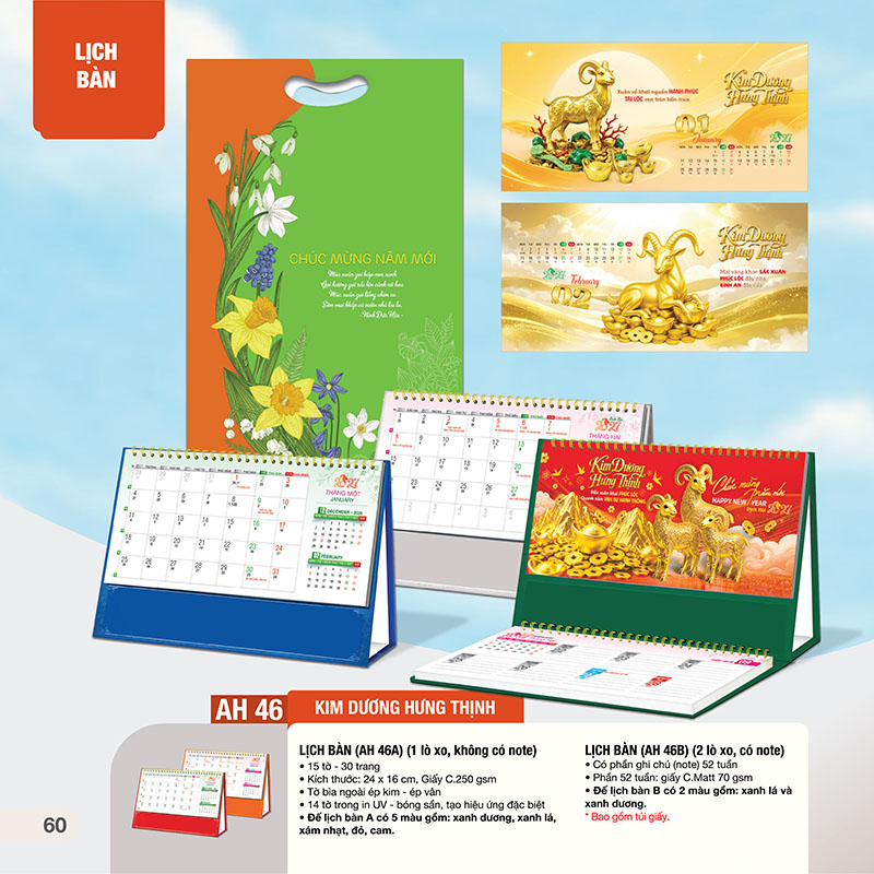Lịch Để Bàn 24x16cm – Kim Dương Hưng Thịnh - Mã: AH 46A - AH 46B